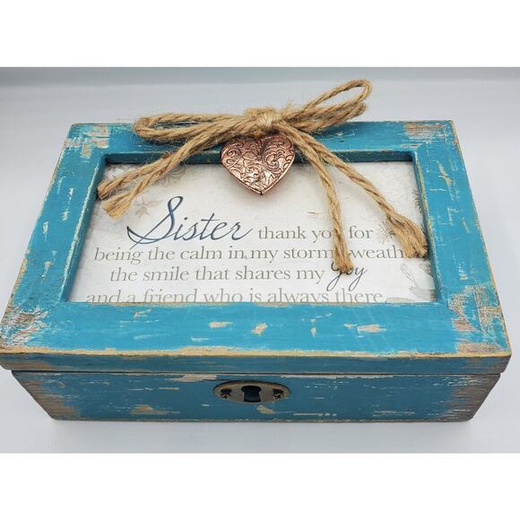 Cottage Garden "Sister" Teal Distressed Wood Jewelry Music Box with Key EUC - Picture 1 of 8